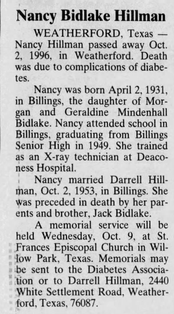 Obituary for Nancy Bidlake Hillman, 1931-1996